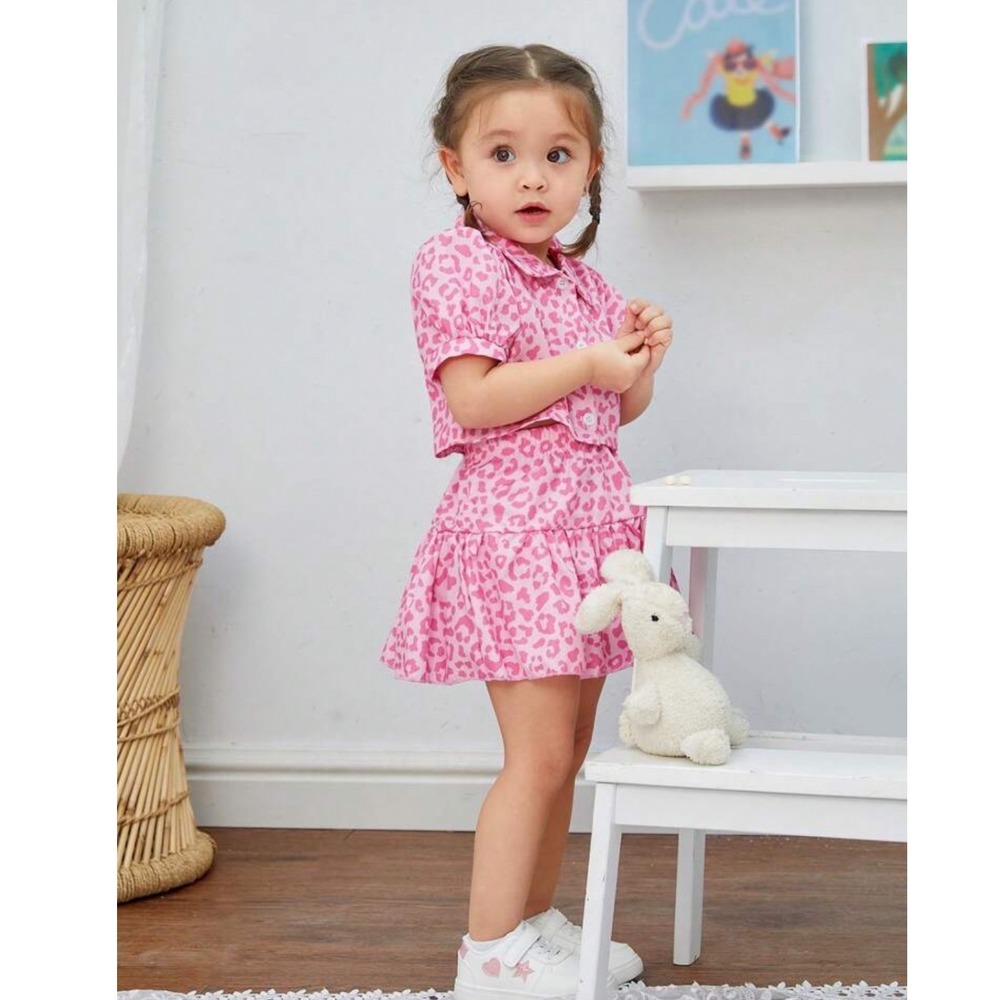 Pink Leopard Print 2 Piece Set Puff Sleeve Tiered Skirt Toddler Size 2-3T